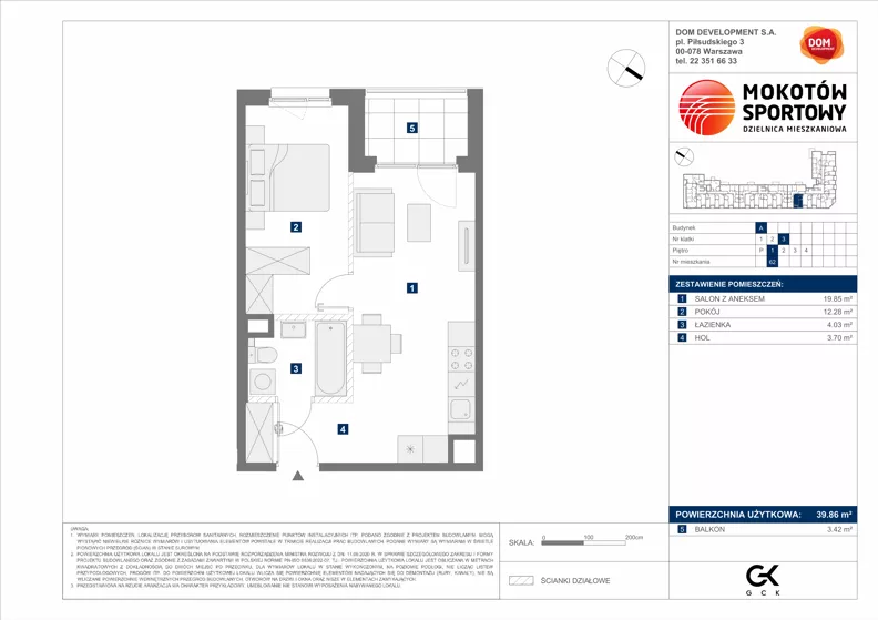2 pokoje, mieszkanie 39,86 m², piętro 1, oferta nr A/62, Mokotów Sportowy 1.3, Warszawa, Mokotów, Augustówka, ul. Antoniewska
