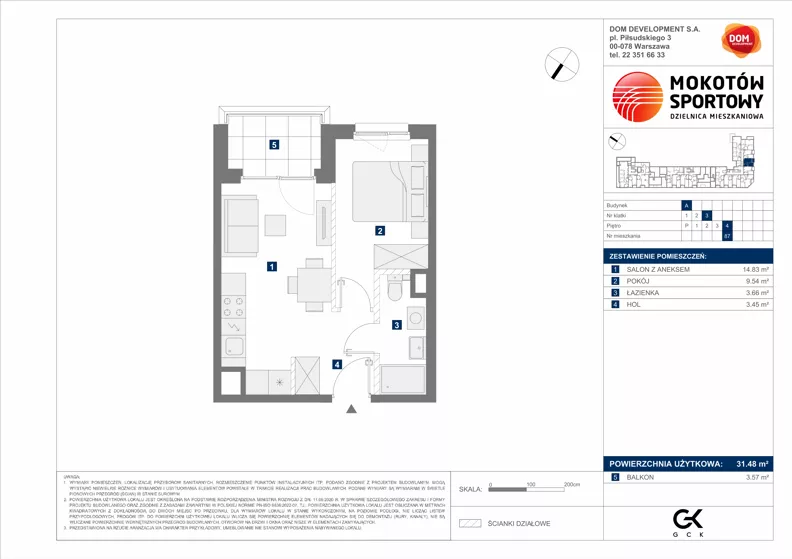 2 pokoje, mieszkanie 31,48 m², piętro 4, oferta nr A/87, Mokotów Sportowy 1.3, Warszawa, Mokotów, Augustówka, ul. Antoniewska