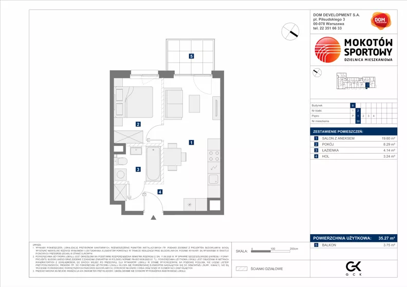 2 pokoje, mieszkanie 35,27 m², piętro 1, oferta nr B/30, Mokotów Sportowy 1.3, Warszawa, Mokotów, Augustówka, ul. Antoniewska