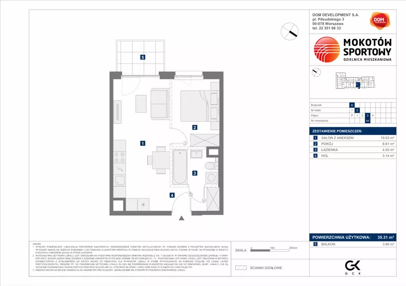 2 pokoje, mieszkanie 35,31 m², piętro 3, oferta nr B/44, Mokotów Sportowy 1.3, Warszawa, Mokotów, Augustówka, ul. Antoniewska