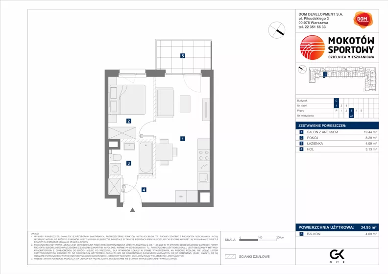 2 pokoje, mieszkanie 34,95 m², piętro 3, oferta nr C/22, Mokotów Sportowy 1.3, Warszawa, Mokotów, Augustówka, ul. Antoniewska