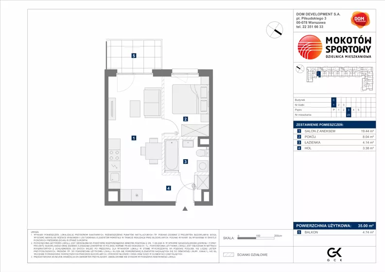 2 pokoje, mieszkanie 35,00 m², piętro 3, oferta nr C/23, Mokotów Sportowy 1.3, Warszawa, Mokotów, Augustówka, ul. Antoniewska