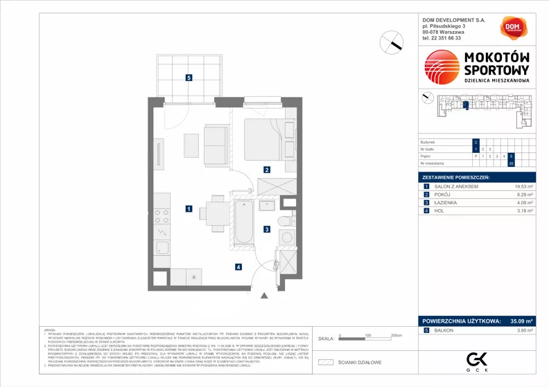 2 pokoje, mieszkanie 35,09 m², piętro 5, oferta nr C/35, Mokotów Sportowy 1.3, Warszawa, Mokotów, Augustówka, ul. Antoniewska
