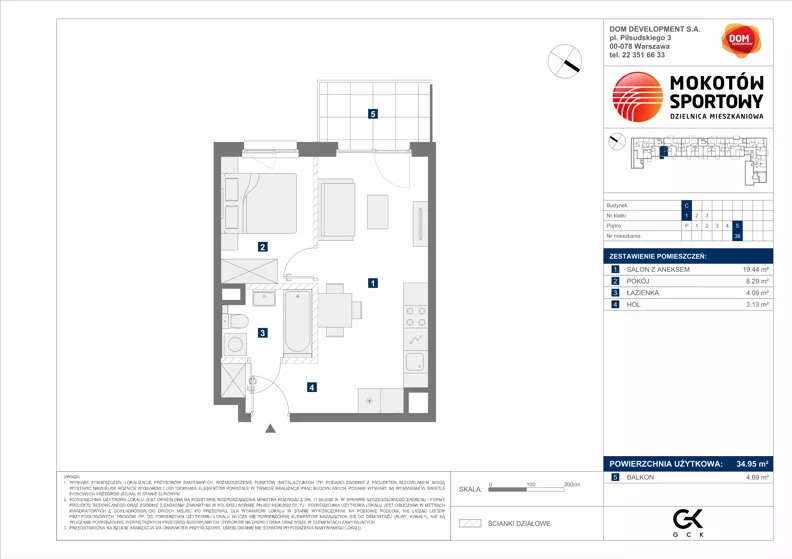 2 pokoje, mieszkanie 34,95 m², piętro 5, oferta nr C/36, Mokotów Sportowy 1.3, Warszawa, Mokotów, Augustówka, ul. Antoniewska