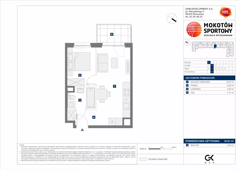 2 pokoje, mieszkanie 34,91 m², piętro 1, oferta nr C/47, Mokotów Sportowy 1.3, Warszawa, Mokotów, Augustówka, ul. Antoniewska