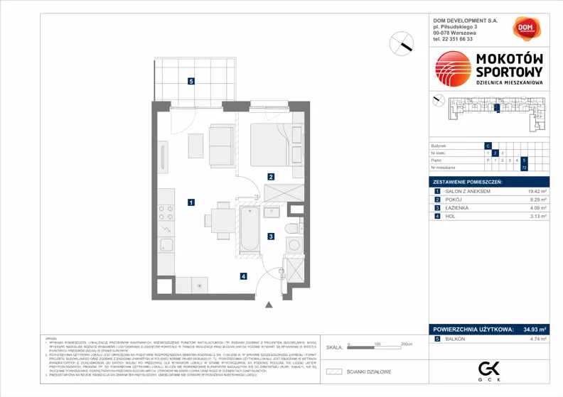 2 pokoje, mieszkanie 34,93 m², piętro 5, oferta nr C/72, Mokotów Sportowy 1.3, Warszawa, Mokotów, Augustówka, ul. Antoniewska