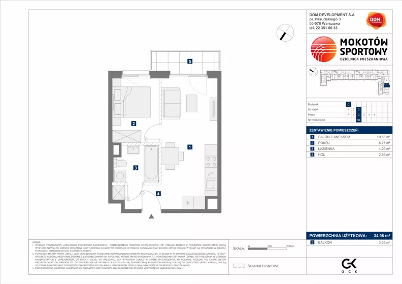 2 pokoje, mieszkanie 34,98 m², piętro 2, oferta nr C/94, Mokotów Sportowy 1.3, Warszawa, Mokotów, Augustówka, ul. Antoniewska