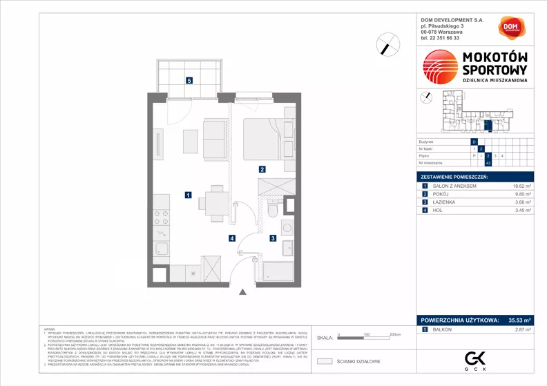 2 pokoje, mieszkanie 35,53 m², piętro 2, oferta nr D/43, Mokotów Sportowy 1.3, Warszawa, Mokotów, Augustówka, ul. Antoniewska