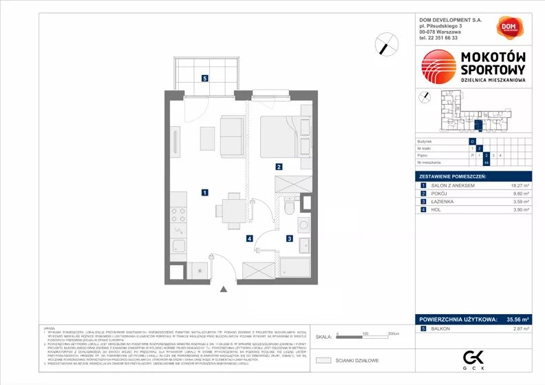 2 pokoje, mieszkanie 35,56 m², piętro 2, oferta nr D/44, Mokotów Sportowy 1.3, Warszawa, Mokotów, Augustówka, ul. Antoniewska