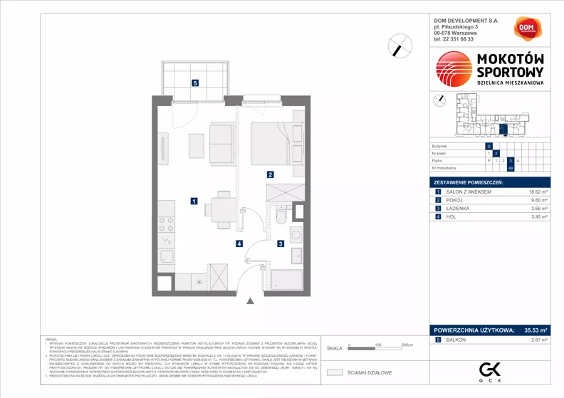 2 pokoje, mieszkanie 35,53 m², piętro 3, oferta nr D/49, Mokotów Sportowy 1.3, Warszawa, Mokotów, Augustówka, ul. Antoniewska