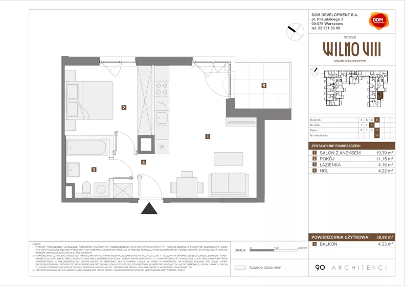 2 pokoje, mieszkanie 38,92 m², piętro 3, oferta nr D/74, Osiedle Wilno 8.1.2, Warszawa, Targówek, Elsnerów, ul. Bukowiecka