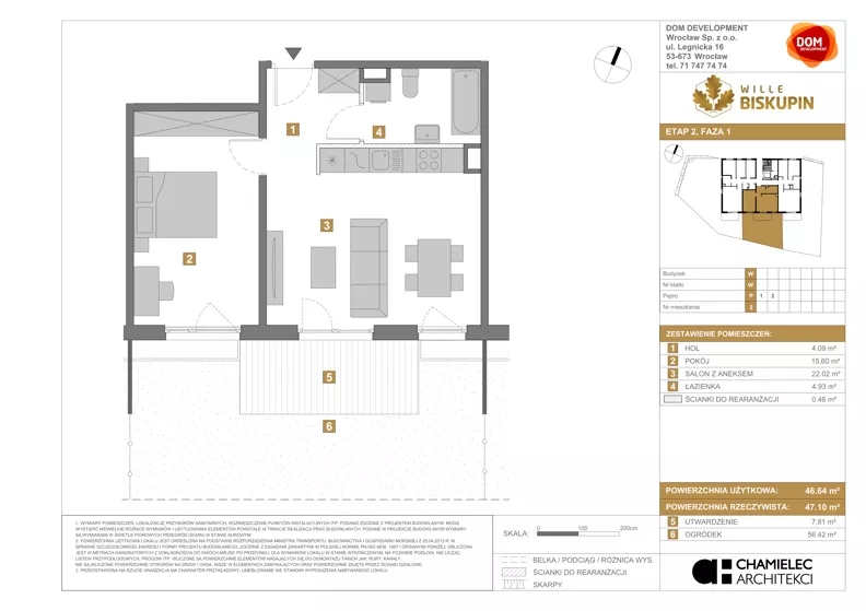 2 pokoje, mieszkanie 46,64 m², parter, oferta nr W/2, Wille Biskupin 2.1, Wrocław, Biskupin-Sępolno-Dąbie-Bartoszowice, Śródmieście, ul. K. Olszewskiego