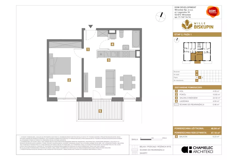 2 pokoje, mieszkanie 46,64 m², piętro 1, oferta nr W/5, Wille Biskupin 2.1, Wrocław, Biskupin-Sępolno-Dąbie-Bartoszowice, Śródmieście, ul. K. Olszewskiego
