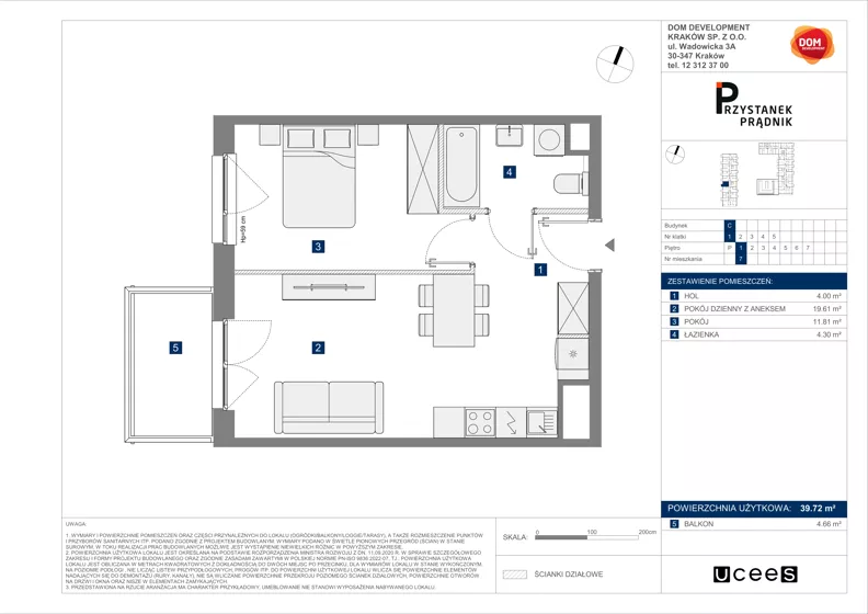 2 pokoje, mieszkanie 39,72 m², piętro 1, oferta nr C/7, Przystanek Prądnik 2, Kraków, Prądnik Biały, Górka Narodowa, ul. Meiera