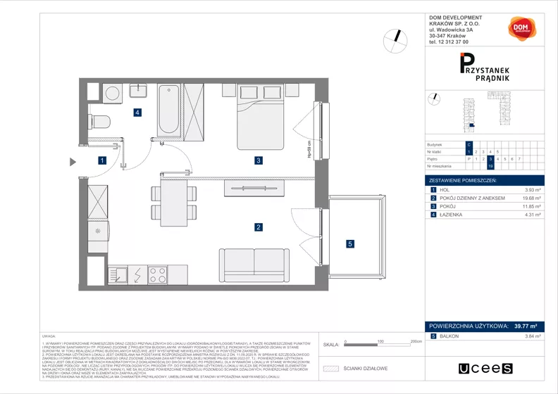 2 pokoje, mieszkanie 39,77 m², piętro 3, oferta nr C/19, Przystanek Prądnik 2, Kraków, Prądnik Biały, Górka Narodowa, ul. Meiera