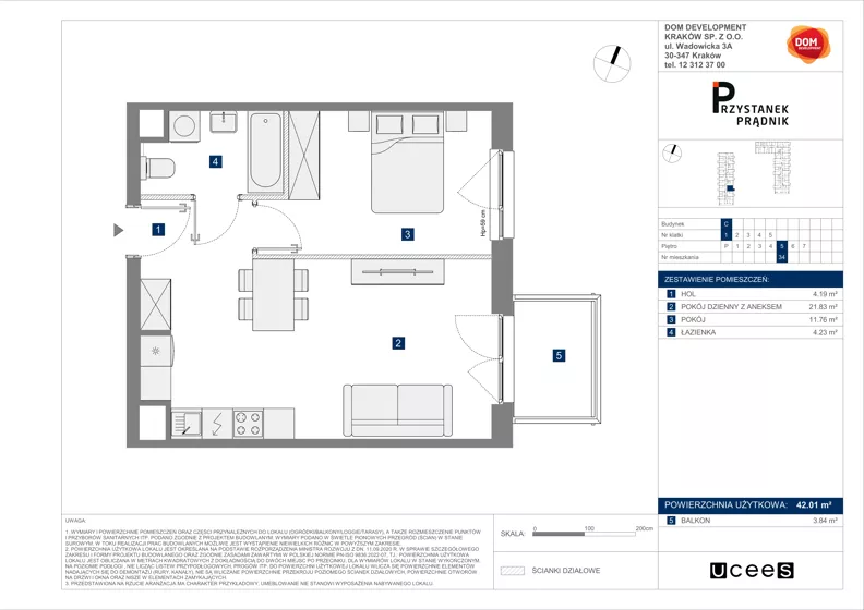 2 pokoje, mieszkanie 42,01 m², piętro 5, oferta nr C/34, Przystanek Prądnik 2, Kraków, Prądnik Biały, Górka Narodowa, ul. Meiera