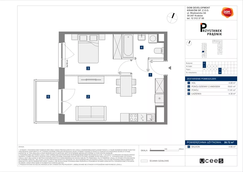 2 pokoje, mieszkanie 39,72 m², piętro 5, oferta nr C/39, Przystanek Prądnik 2, Kraków, Prądnik Biały, Górka Narodowa, ul. Meiera