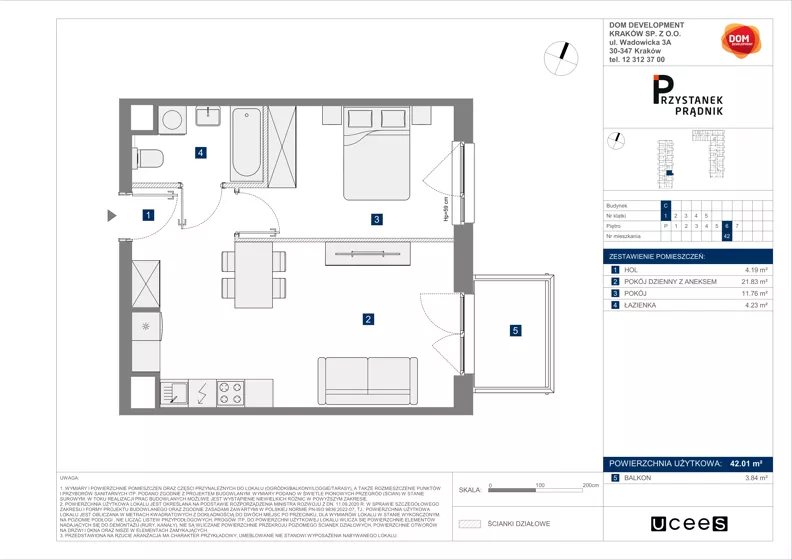 2 pokoje, mieszkanie 42,01 m², piętro 6, oferta nr C/42, Przystanek Prądnik 2, Kraków, Prądnik Biały, Górka Narodowa, ul. Meiera