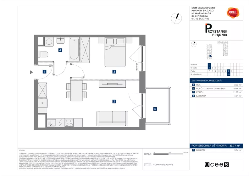 2 pokoje, mieszkanie 39,77 m², piętro 6, oferta nr C/43, Przystanek Prądnik 2, Kraków, Prądnik Biały, Górka Narodowa, ul. Meiera