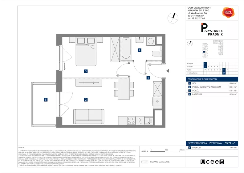 2 pokoje, mieszkanie 39,72 m², piętro 6, oferta nr C/47, Przystanek Prądnik 2, Kraków, Prądnik Biały, Górka Narodowa, ul. Meiera