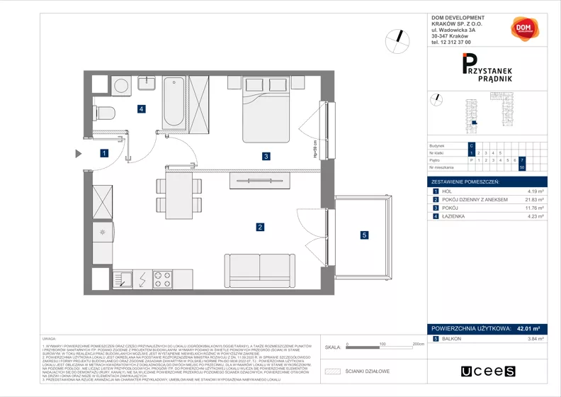 2 pokoje, mieszkanie 42,01 m², piętro 7, oferta nr C/50, Przystanek Prądnik 2, Kraków, Prądnik Biały, Górka Narodowa, ul. Meiera