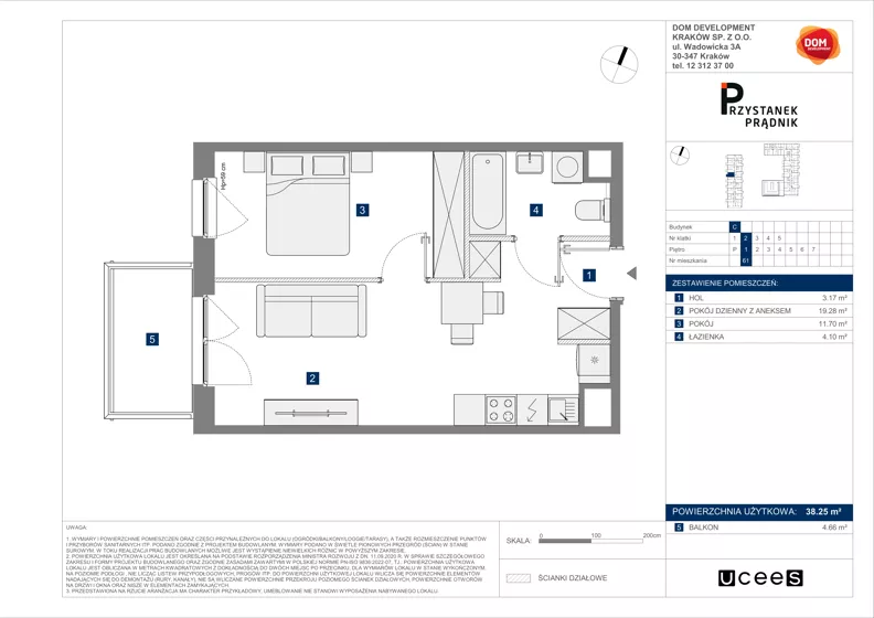 2 pokoje, mieszkanie 38,25 m², piętro 1, oferta nr C/61, Przystanek Prądnik 2, Kraków, Prądnik Biały, Górka Narodowa, ul. Meiera