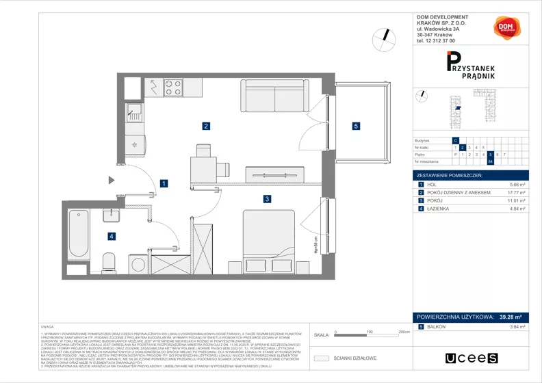 2 pokoje, mieszkanie 39,28 m², piętro 5, oferta nr C/84, Przystanek Prądnik 2, Kraków, Prądnik Biały, Górka Narodowa, ul. Meiera