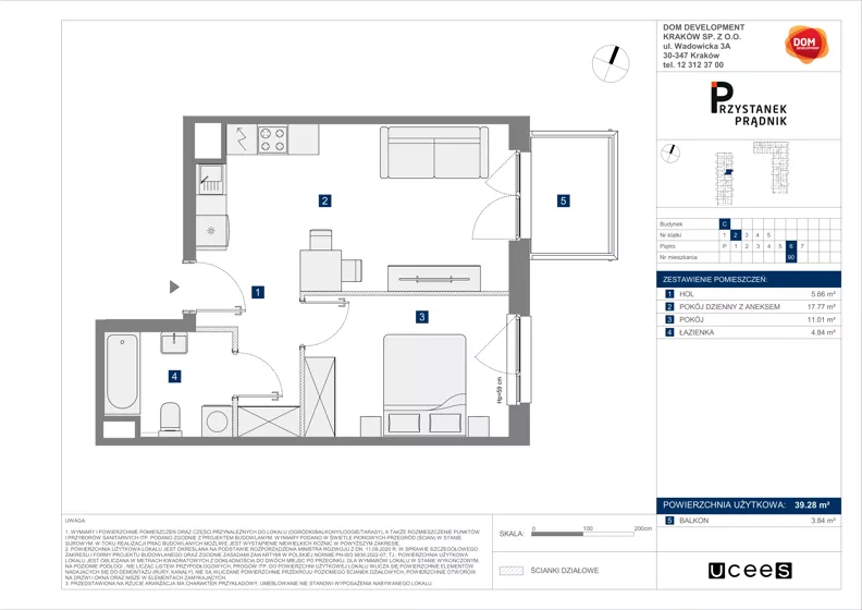 2 pokoje, mieszkanie 39,28 m², piętro 6, oferta nr C/90, Przystanek Prądnik 2, Kraków, Prądnik Biały, Górka Narodowa, ul. Meiera
