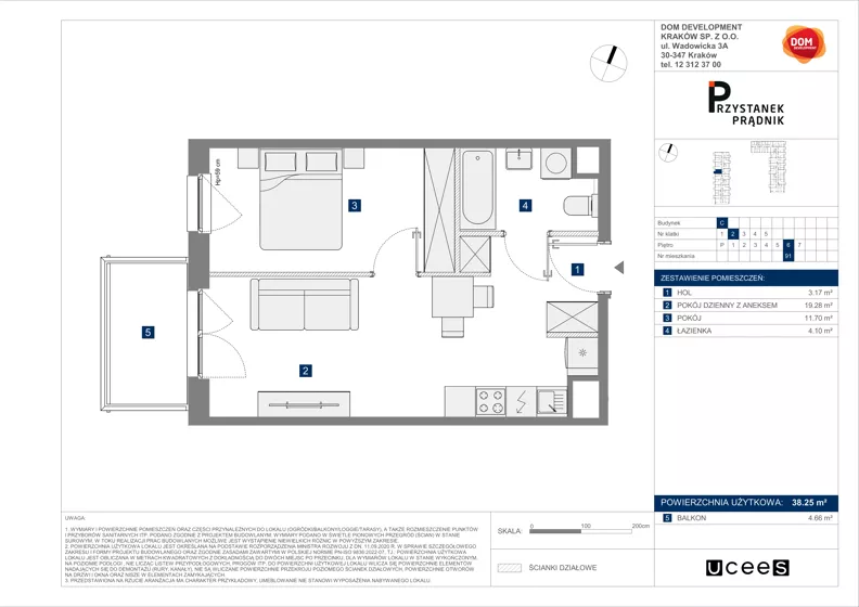 2 pokoje, mieszkanie 38,25 m², piętro 6, oferta nr C/91, Przystanek Prądnik 2, Kraków, Prądnik Biały, Górka Narodowa, ul. Meiera