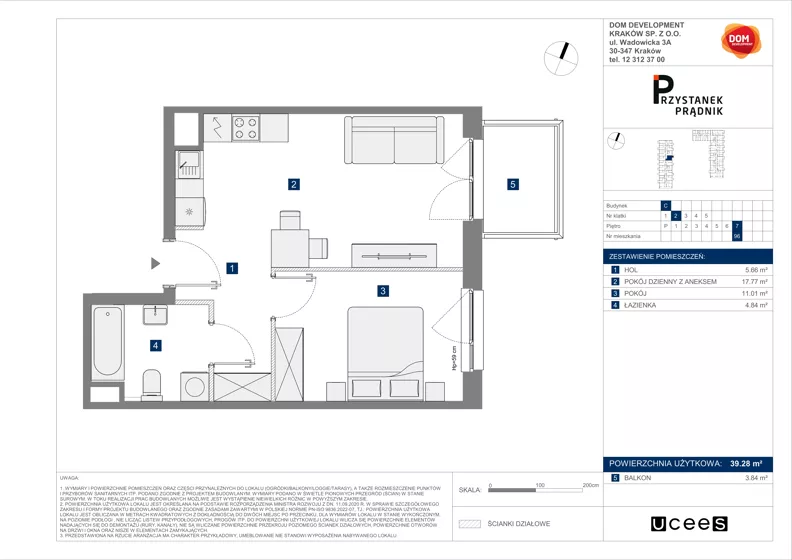 2 pokoje, mieszkanie 39,28 m², piętro 7, oferta nr C/96, Przystanek Prądnik 2, Kraków, Prądnik Biały, Górka Narodowa, ul. Meiera