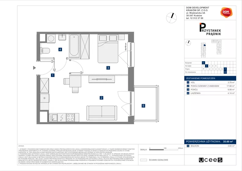 2 pokoje, mieszkanie 35,60 m², piętro 7, oferta nr C/101, Przystanek Prądnik 2, Kraków, Prądnik Biały, Górka Narodowa, ul. Meiera