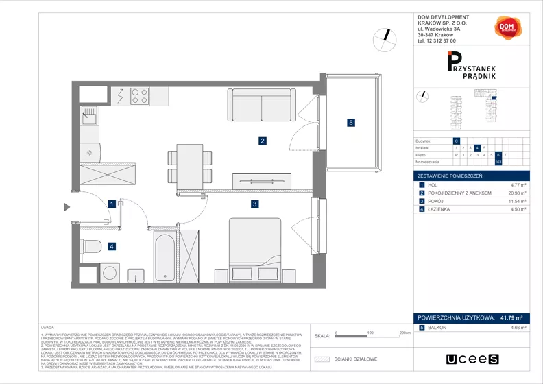 2 pokoje, mieszkanie 41,79 m², piętro 6, oferta nr C/163, Przystanek Prądnik 2, Kraków, Prądnik Biały, Górka Narodowa, ul. Meiera