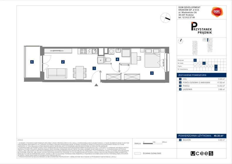 2 pokoje, mieszkanie 40,35 m², piętro 7, oferta nr C/166, Przystanek Prądnik 2, Kraków, Prądnik Biały, Górka Narodowa, ul. Meiera