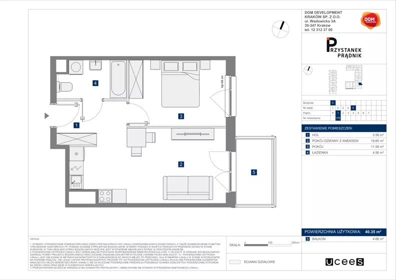 2 pokoje, mieszkanie 40,35 m², piętro 1, oferta nr C/175, Przystanek Prądnik 2, Kraków, Prądnik Biały, Górka Narodowa, ul. Meiera