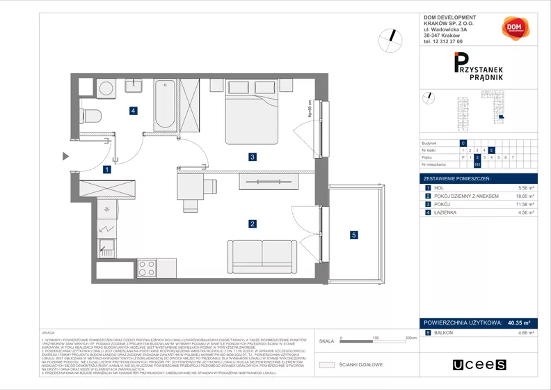 2 pokoje, mieszkanie 40,35 m², piętro 2, oferta nr C/181, Przystanek Prądnik 2, Kraków, Prądnik Biały, Górka Narodowa, ul. Meiera
