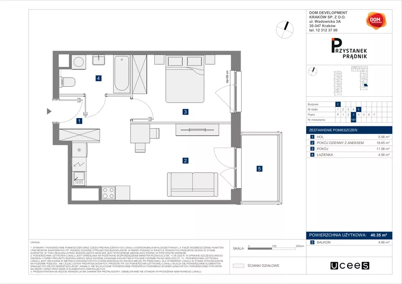 2 pokoje, mieszkanie 40,35 m², piętro 3, oferta nr C/187, Przystanek Prądnik 2, Kraków, Prądnik Biały, Górka Narodowa, ul. Meiera
