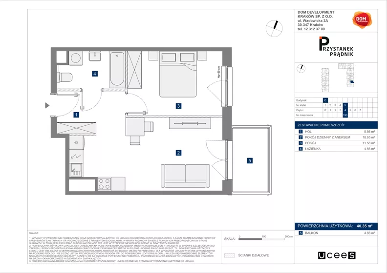 2 pokoje, mieszkanie 40,35 m², piętro 4, oferta nr C/193, Przystanek Prądnik 2, Kraków, Prądnik Biały, Górka Narodowa, ul. Meiera