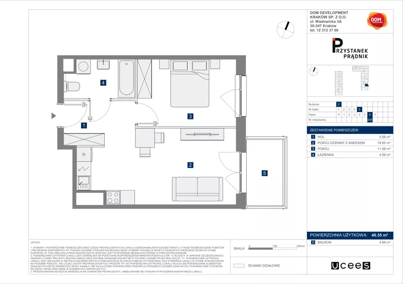 2 pokoje, mieszkanie 40,35 m², piętro 6, oferta nr C/205, Przystanek Prądnik 2, Kraków, Prądnik Biały, Górka Narodowa, ul. Meiera