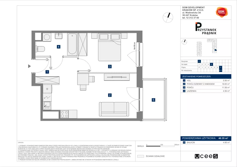 2 pokoje, mieszkanie 40,35 m², piętro 7, oferta nr C/211, Przystanek Prądnik 2, Kraków, Prądnik Biały, Górka Narodowa, ul. Meiera