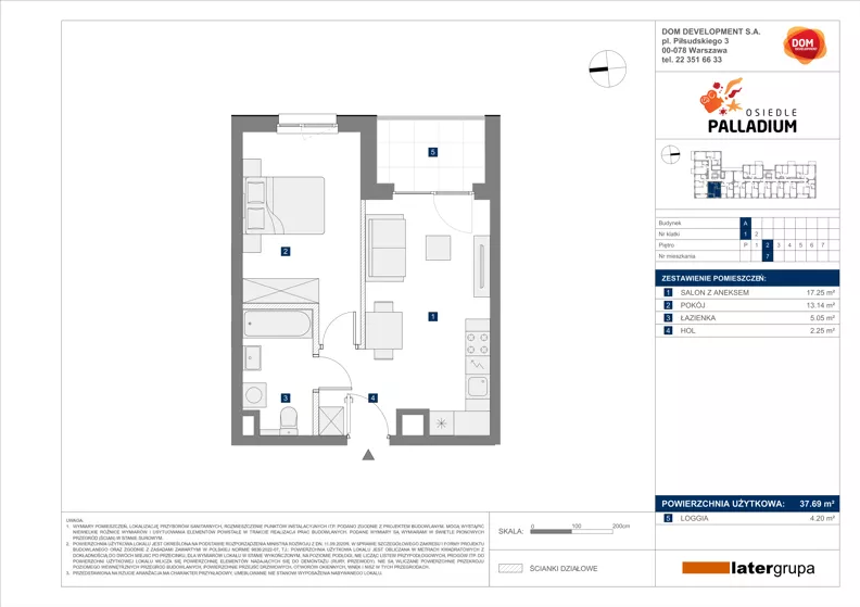 2 pokoje, mieszkanie 37,69 m², piętro 2, oferta nr A/7, Osiedle Palladium, Warszawa, Białołęka, Nowodwory, ul. Mieczysławy Ćwiklińskiej