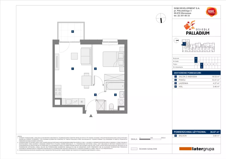 2 pokoje, mieszkanie 36,67 m², piętro 2, oferta nr A/9, Osiedle Palladium, Warszawa, Białołęka, Nowodwory, ul. Mieczysławy Ćwiklińskiej