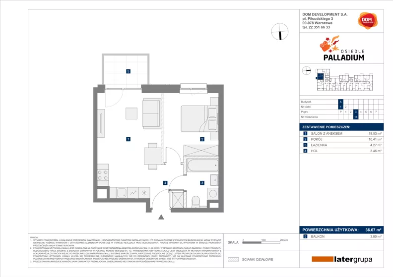 2 pokoje, mieszkanie 36,67 m², piętro 3, oferta nr A/14, Osiedle Palladium, Warszawa, Białołęka, Nowodwory, ul. Mieczysławy Ćwiklińskiej