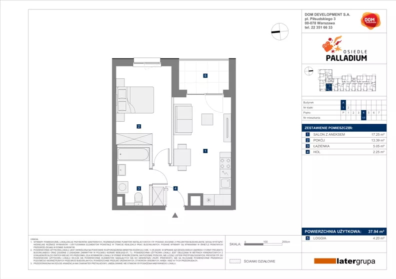 2 pokoje, mieszkanie 37,94 m², piętro 4, oferta nr A/17, Osiedle Palladium, Warszawa, Białołęka, Nowodwory, ul. Mieczysławy Ćwiklińskiej