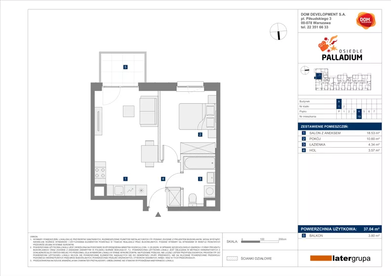 2 pokoje, mieszkanie 37,04 m², piętro 4, oferta nr A/19, Osiedle Palladium, Warszawa, Białołęka, Nowodwory, ul. Mieczysławy Ćwiklińskiej