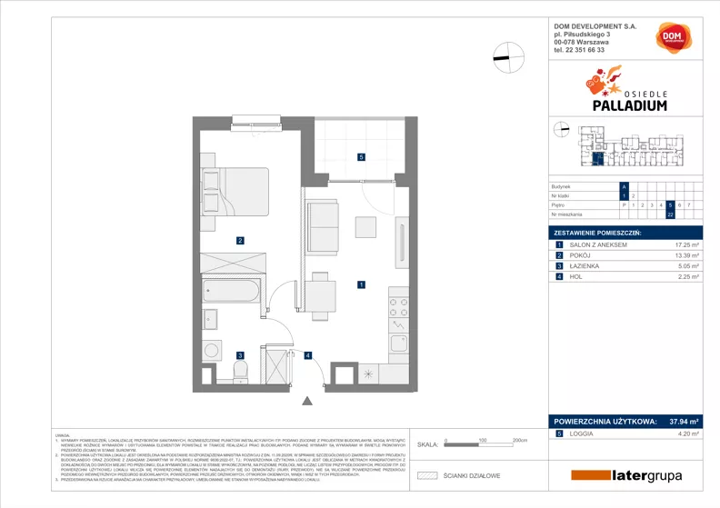 2 pokoje, mieszkanie 37,94 m², piętro 5, oferta nr A/22, Osiedle Palladium, Warszawa, Białołęka, Nowodwory, ul. Mieczysławy Ćwiklińskiej