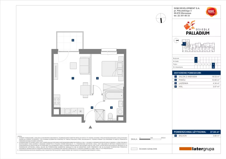 2 pokoje, mieszkanie 37,04 m², piętro 6, oferta nr A/29, Osiedle Palladium, Warszawa, Białołęka, Nowodwory, ul. Mieczysławy Ćwiklińskiej