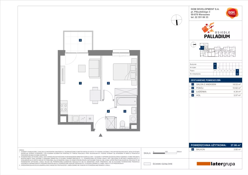 2 pokoje, mieszkanie 37,06 m², piętro 7, oferta nr A/32, Osiedle Palladium, Warszawa, Białołęka, Nowodwory, ul. Mieczysławy Ćwiklińskiej