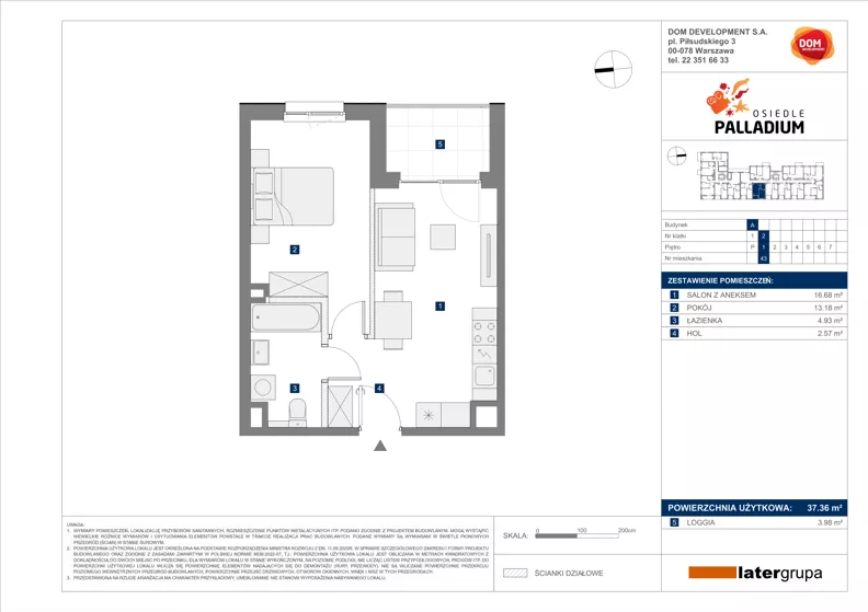 2 pokoje, mieszkanie 37,36 m², piętro 1, oferta nr A/43, Osiedle Palladium, Warszawa, Białołęka, Nowodwory, ul. Mieczysławy Ćwiklińskiej