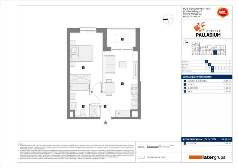 2 pokoje, mieszkanie 37,50 m², piętro 2, oferta nr A/50, Osiedle Palladium, Warszawa, Białołęka, Nowodwory, ul. Mieczysławy Ćwiklińskiej