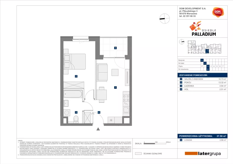 2 pokoje, mieszkanie 37,50 m², piętro 2, oferta nr A/51, Osiedle Palladium, Warszawa, Białołęka, Nowodwory, ul. Mieczysławy Ćwiklińskiej